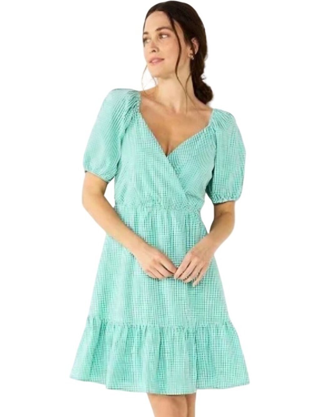 Draper James NWT Green Gingham Puff Sleeve Faux Wrap Dress Flounce Hem Size L